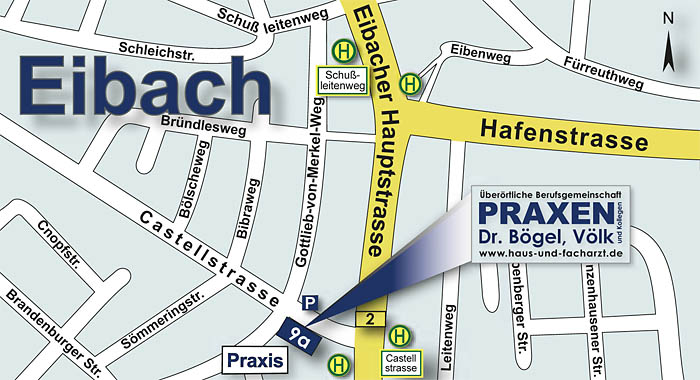 Anfahrt Praxis Eibach, Castell Straße 9a